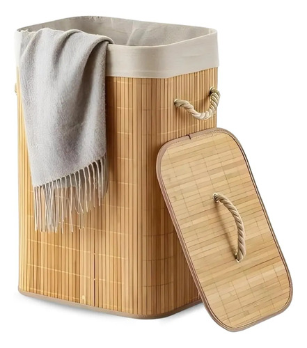 Eps-3903 Cesto Roupa Bambu Retangular Dobrável Com Tampa Alças 60l