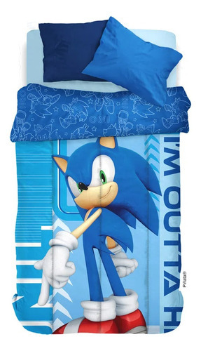 Acolchado Reversible Piñata Sonic Más Jgo De Sábanas 1 1/2pl Color Azul Diseño De La Tela Sonic