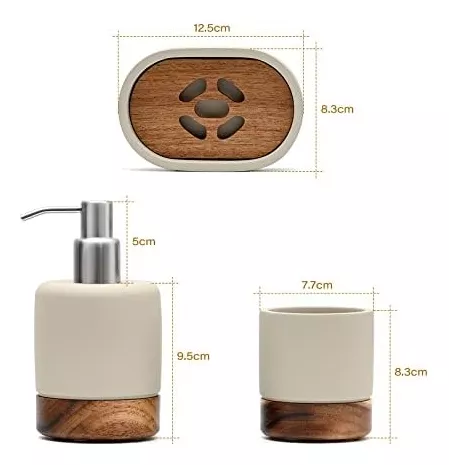 Juego de accesorios de baño de madera de acacia, 3 piezas, incluye  dispensador de jabón de baño, vaso de baño, accesorios de jabonera para  decoración