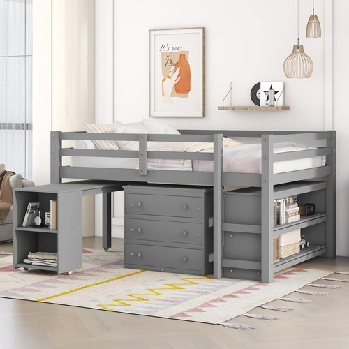 Base De Cama Baja De Madera Maciza De Tamaño Matrimonial Con Gris Puro. Nombre Del Diseño