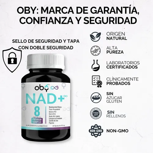 Oby Nad+ Resveratrol Potenciado 8 Ingredientes: Nr Nicotinamida Ribosa, Resveratrol, Acido Alfa Lipoico, Betaina, Quercetina, Piperina, Uva, Arandano | Precursor Nad Nmn Infinity 100% Vegano 30 Dias