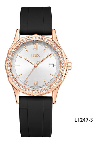 Reloj Mujer L1247-3 Negro Con Oro Rosa, Tablero Plateado