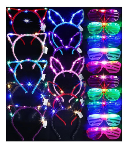 Kit Diadema Orejas De Gato Conejo Lentes Led Fiesta Batucada