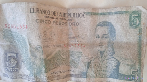 Billete 5 Pesos Oro Colombia 1980