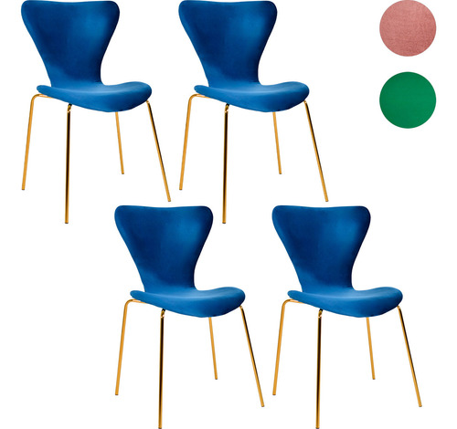 Juego Set 4 Sillas Terciopelo Comedor Tapizada Minimalista Estructura de la silla Dorado Asiento Azul marino