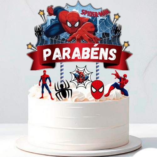 Kit 1 Topo De Bolo Homem Aranha + 5 Topper Para Doces Cor Vermelho