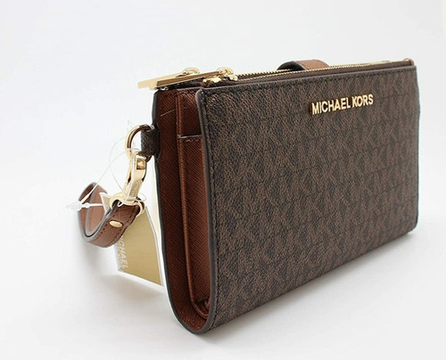 Michael Kors Carteira jet set marrom zíper duplo dourado desenho do tecido
