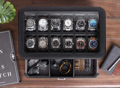 Caja De Reloj Rothwell De Piel Con 12 Ranuras Y Cajón Para A