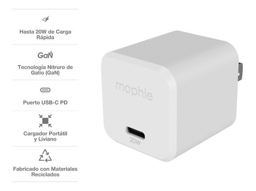 Cargador De Pared Mophie Usb-c De Carga Rápida Gan 20w Color Blanco