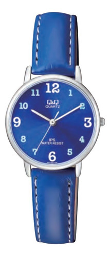 Reloj Q&q Cuero Análogo Modelo Qz01 Resistente Al Agua. Malla Azul / 325 / Fondo Azul