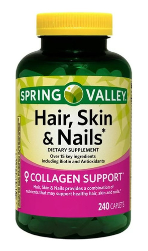 Biotina Spring Valley, cabelo, pele e unhas com sabor neutro de colágeno 240 cápsulas