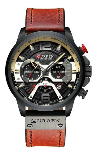 Reloj pulsera Curren 8329 con correa de cuero color marrón - fondo negro - bisel negro/ocre