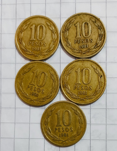 $ 10 Pesos Chilena Angel Libertad Año 1981, Pack X 5 Un. (Usado)