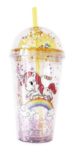 Vaso Doble Pared Reutilizable Unicornio C Popote Tipo Helado