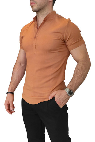 Camisa Camisolín Manga Corta Hombre Lino Cuello Mao Premium 