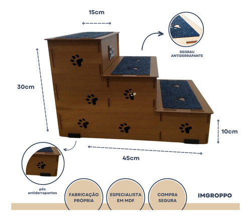Escada Pet Madeira Mdf 3 Degraus 30cm Personalizada Cor Tabaco