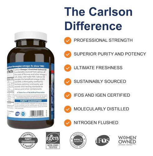 Carlson Labs Aceite De Salmon Omega 3 500mg 180 + 50caps Sabor Sin Sabor