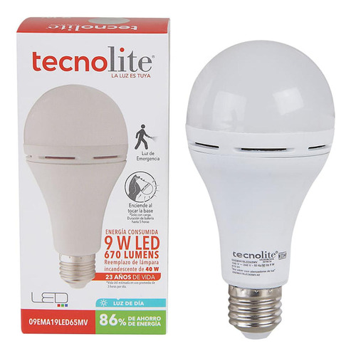 Foco Led Tecnolite A19 Recargable 9w Luz De Día Base E27