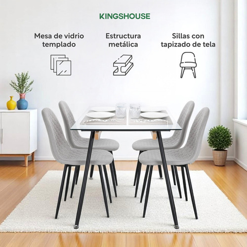 Juego De Comedor 4 Sillas Tapizado Mesa Vidrio Estilo Eames