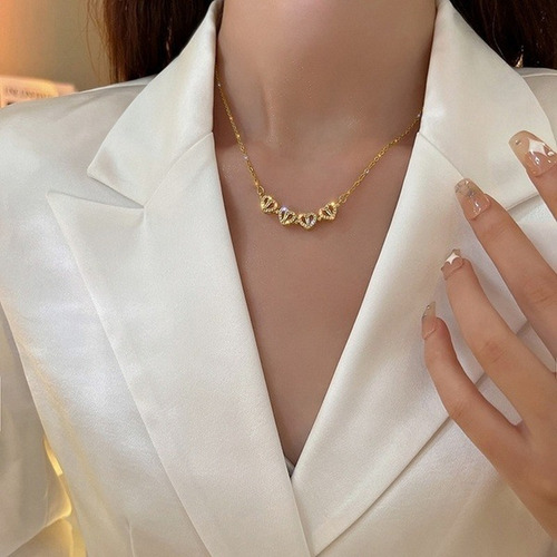 Imagen 5 de 9 de Collar Doble Vista Dorado Dije Corazones Amor Trébol Mujer