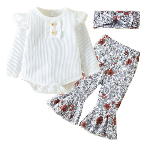 Ropa De Bebé Con Bata Floral, Diadema Y Pantalón De Campana