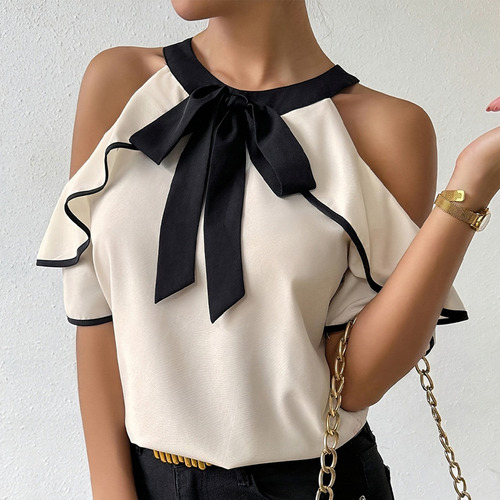 N Camisa De Manga Corta De Doble Capa Para Mujer Con Cuello