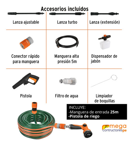 Hidrolavadora 1800psi Alta Presion Manguera 25m Ergo Pro
