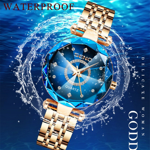Reloj pulsera Seno S042 con correa de acero inoxidable fondo azul