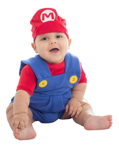 Conjunto Super Mario Bros - Bebês - Macacão + Blusa + Boina
