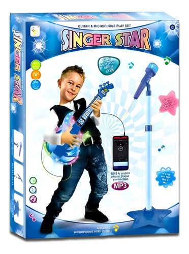 Set Guitarra Microfono Pedestal Juguete Mp3 Luces Color Azul
