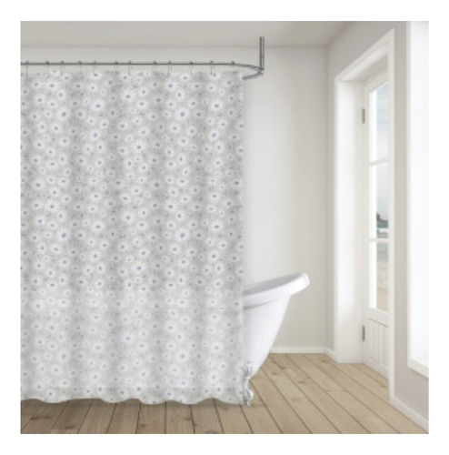 Set Combo Cortina Baño Estampada + Alfombra Shaggy + Ganchos Lila