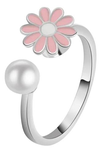 Anillo Antiestres Ansiedad Giratorio- Flor Rosa Plata 925