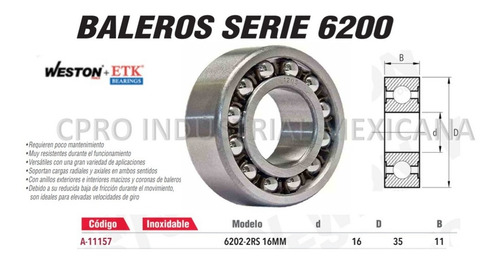 3 Baleros De Bolas En Una Hilera 6202-2rs 16mm Marca Weston