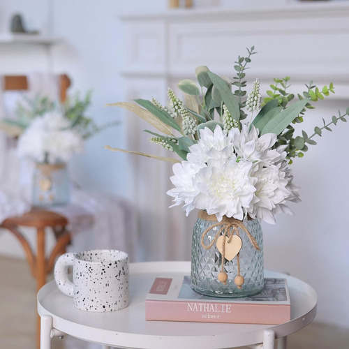 Jarrón Flores Eucalipto Sauce Artificiales Decoración Blanco