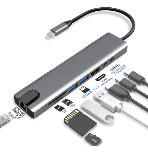 Adaptador Hub 8 En 1 Lan Hdmi 4k Mac iPad Android Windows