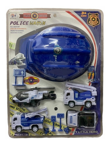 Set Policía Con Casco + Vehículos - 11 Pzs