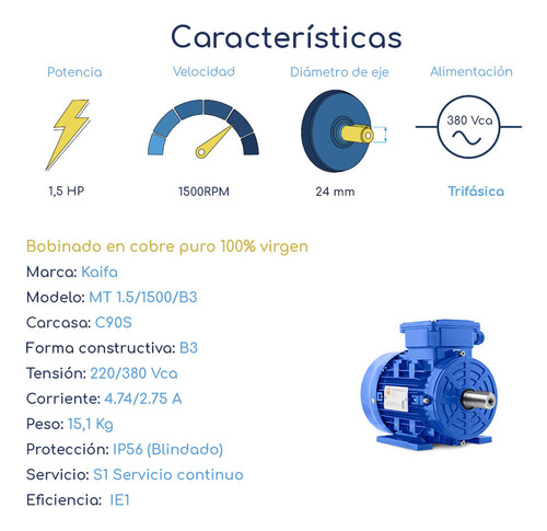 Motor Trifásico 1.5hp 1500rpm B3 Con Patas Uso Continuo