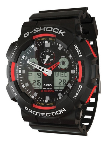 Imagen 5 de 7 de Reloj de pulsera Casio G-Shock GA-100 de cuerpo color negro, analógico-digital, para hombre, fondo negro, con correa de resina color negro, agujas color blanco y rojo, dial gris y blanco, subesferas color negro y gris, minutero/segundero blanco, bisel color negro y rojo y hebilla doble