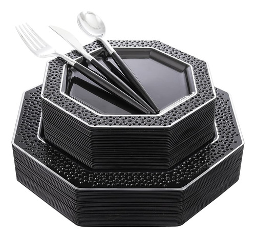 Wellife - 150 Platos De Plastico Negro Con Cubiertos Desecha