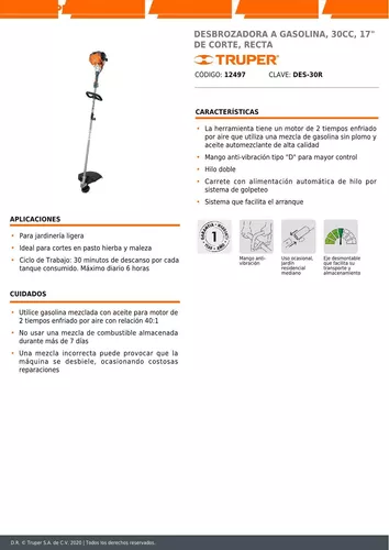 Desbrozadora A Gasolina 30cc 17' De Corte Rec Truper Truper DES-30R