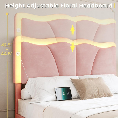 Base De Cama Msmask Matrimonial C/4 Cajones Y Luz Led Rosa