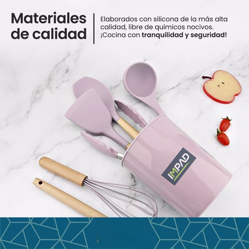 Set Utensilios De Cocina Punta Silicona Mango Madera Kit X12 Negro