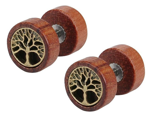 Aretes Madera Acero Inoxidable Con Diseño Arbol Vida Redondo