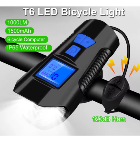 Luz Bicicleta Velocimetro Bocina Recargable Usb Lluvia Negro