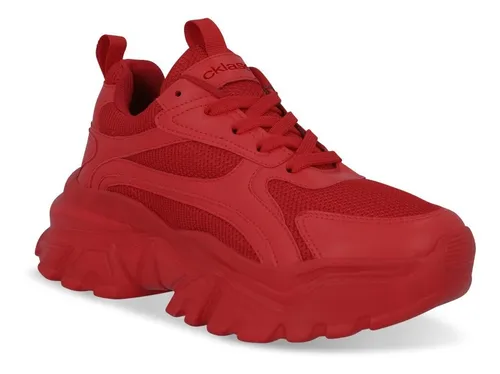 Tenis Dama Mujer Sneakers Rojo Full Textil Plataforma 4.5cm