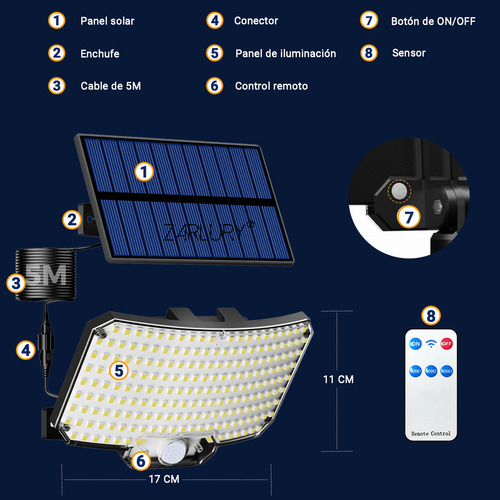 ZARLURY Lámpara Solar Exterior para Pared Con Sensor de Movimiento,Luz Solar con 234LED,Iluminación Gran Angular de 180°,Foco Recargable IP65 Impermeable para Garaje,Jardin,Patio,Sendero,Granja