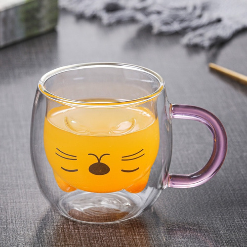 Taza Doble Vidrio Termo Gatos Jugo/leche Desayuno