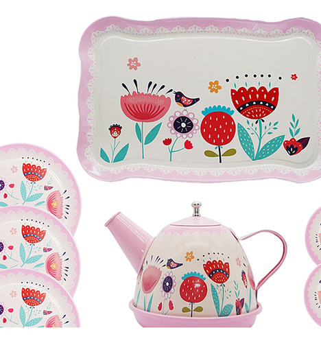 Kids Tea Set Metal Teapot Cups Dishes Afternoon Tea Playset