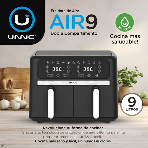 Freidora De Aire Sin Aceite Unnic Air Fryer Doble Canasto Pantalla Digital 9 Litros 1700W Color Negro