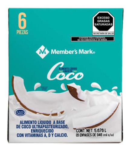 Leche De Coco Members Mark Vitaminas A D Y Calcio 5.6 L